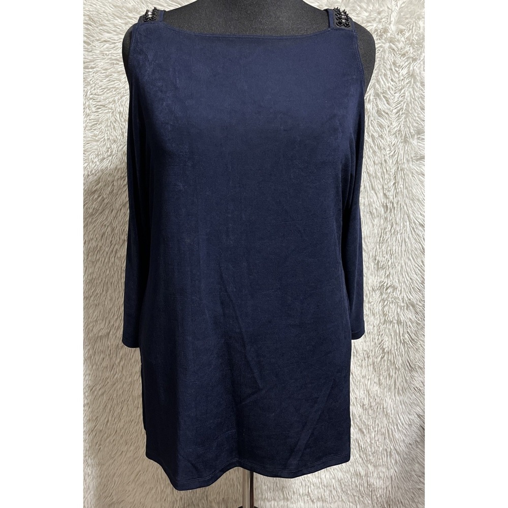 Chico's Travelers Tunic Top Womens Size 2 (L) Blue Slinky Knit Rhinestone Blouse